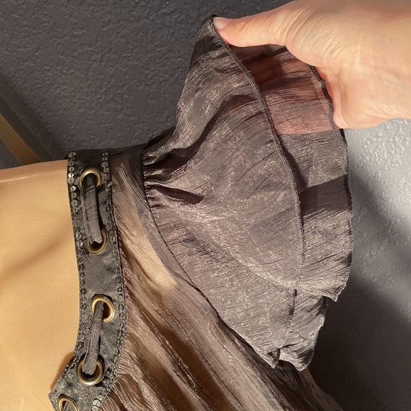 CECICO - sheer top: grey short ruffle sleeves, gold sequins & neck tie - L - Picture 10 of 16